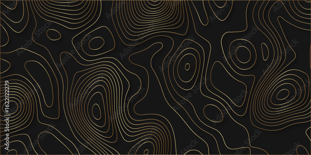 Poster abstract black golden background with topographic line map pattern. abstract wavy and curved lines b