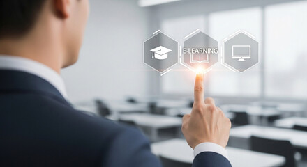 Man in suit touching e learning icons in classroom environment for online education concept view
