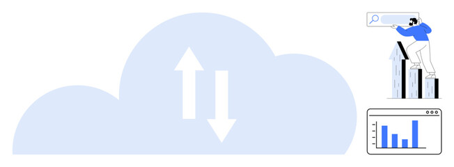 Large cloud with bidirectional arrows, data charts, man atop rising bars searching. Ideal for cloud computing, data analytics, business growth, digital transformation, internet, networking simple
