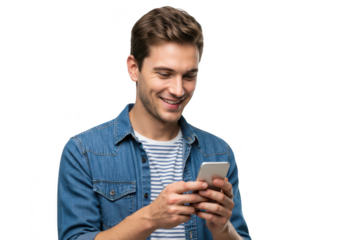 A smiling young man in a denim shirt holds a smartphone and looks at the screen with a happy expression isolated on transparent background