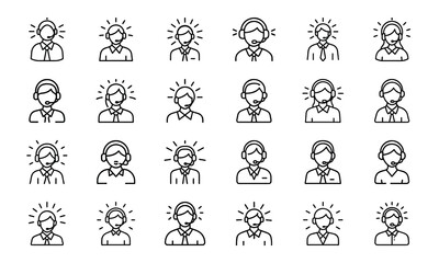 A comprehensive set of 24 black and white line icons representing diverse concepts such as business strategy, education, customer service, and daily life activities.