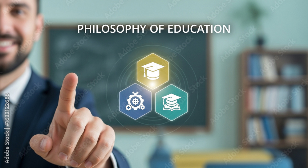 Poster man pointing at philosophy of education graphic with mortarboards and gears on screen display