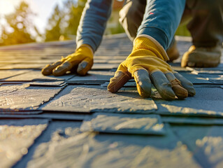 Installing waterproof underlayment on pitched roof – close-up detail