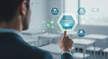 Man interacting with knowledge management interface in a bright office environment setting