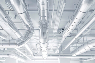 Modern HVAC air duct system installation in industrial ceiling, clean technical scene