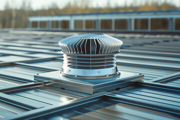 Industrial air ventilation exhaust fan unit on metal roof, side view rendering