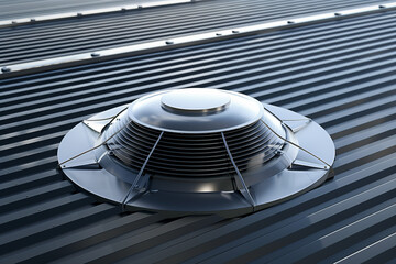 Industrial air ventilation exhaust fan unit on metal roof, side view rendering