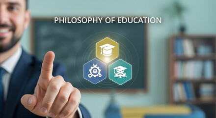 Man pointing at philosophy of education graphic with mortarboards and gears on screen display