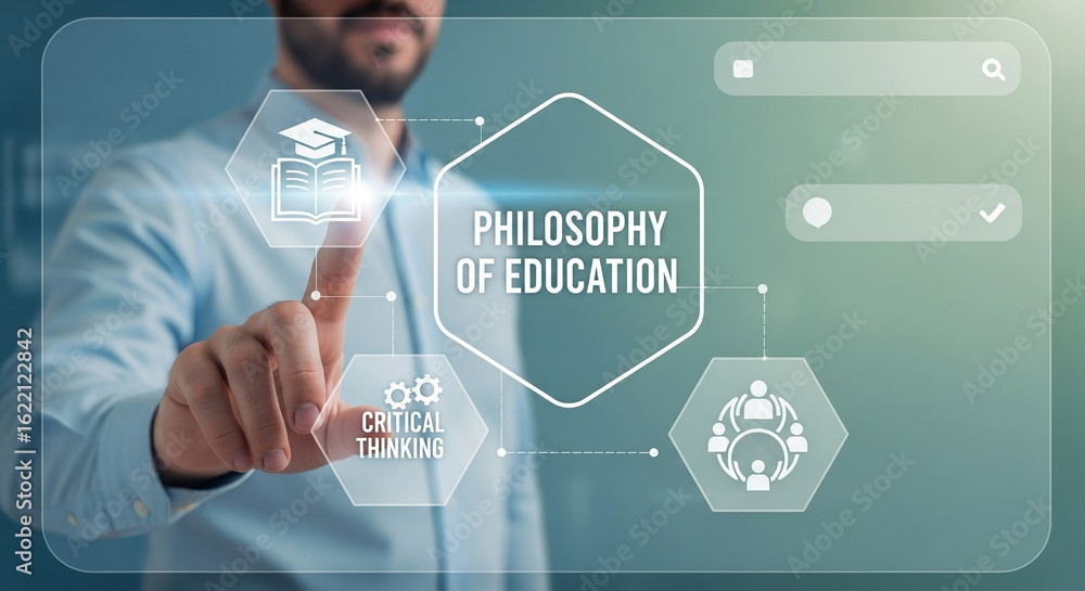 Poster man touching digital interface with philosophy of education and critical thinking icons displayed