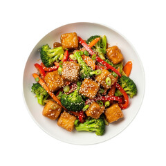 Perfectly plated Honey Sesame Tofu Stir-fry with crispy golden tofu, vibrant broccoli, red peppers, and carrots in a white bowl on a transparent background, professional culinary dish concept.