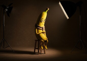 Sad anthropomorphic banana character sitting on a stool in a studio