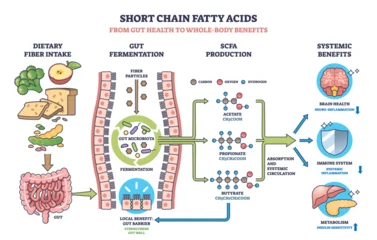 Fotobehang Short chain fatty acids diagram shows gut fermentation, SCFA production, and systemic benefits with gut, bacteria, and molecules. Outline diagram © VectorMine
