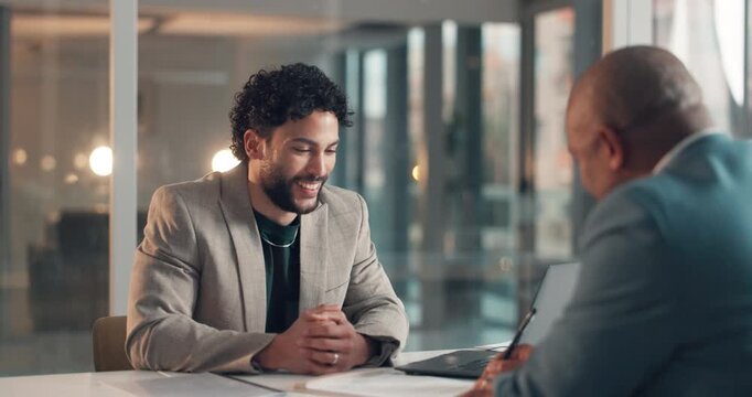 Businessmen, meeting or signature with handshake for contract agreement or corporate deal in office. Man, employees or shaking hands with client signing for business proposal, B2B or negotiation