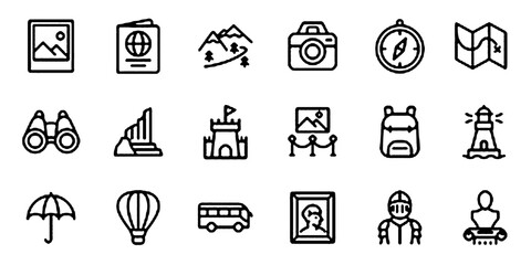 Sightseeing Trip Vector Icon Set | Adjustable Line Weight | Travel, camera, map, monument, museum, castle, compass, lighthouse, statue, binoculars, bus, art, adventure icons
