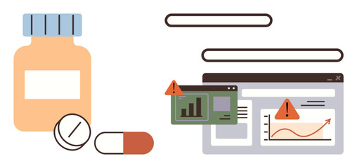 Medical pill bottle and capsules beside digital analytics interface with warning signs. Ideal for healthcare, medicine, technology, security, digital risk, analytics, error messages. Presents simple