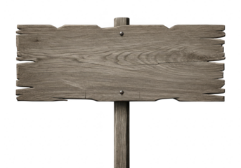 A weathered rustic wooden signpost with a blank plank is mounted on a wooden pole isolated against a transparent background