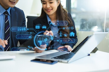 Business team working virtual modern smartphone to reduce CO2 emissions carbon footprint climate change to limit global warming.Sustainable development