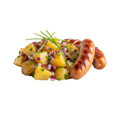 Warm German potato salad with bacon, red onion, and chives, alongside sliced grilled bratwurst on a white ceramic plate, transparent studio background, high-key light. Traditional German food concept