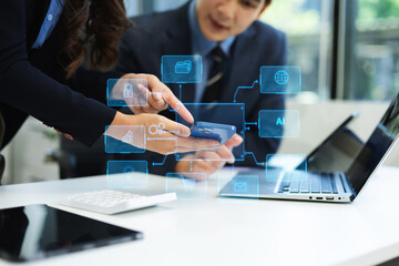 Working team meeting concept, business using laptop and smart phone and digital tablet computer with digital marketing media  in virtual icon