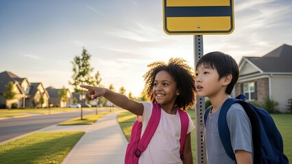 Two diverse children with backpacks on sidewalk heading to school