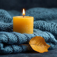 "Cozy Autumn Candlelight Scene with Yellow Candle, Knitted Blanket, and Fall Leaf – Warm Home Decor Photography"