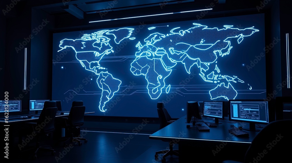 Aufkleber 3d rendering technologies in the internet with world map on the screen black background