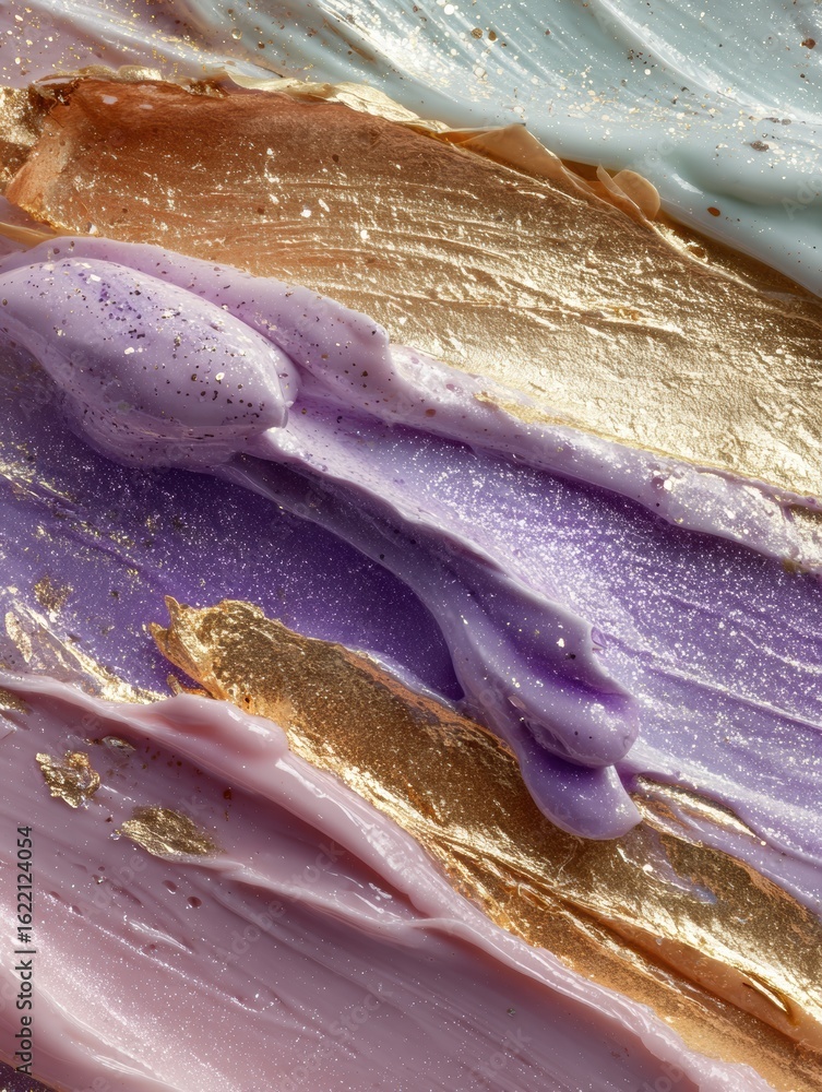 Poster artistic close-up of layered makeup textures showcasing vibrant colors and dynamic shapes, with arti