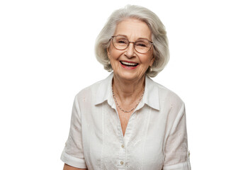 A happy senior woman with white hair and glasses is smiling warmly at the camera in a studio setting isolated on transparent background