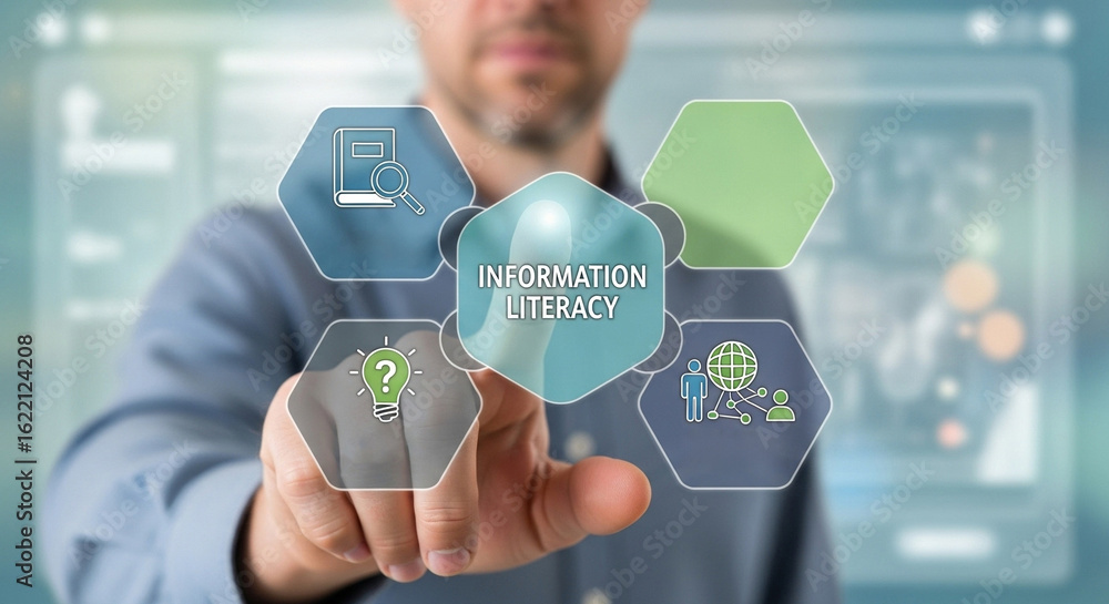 Poster man touching information literacy hexagon surrounded by icons on a futuristic interface screen