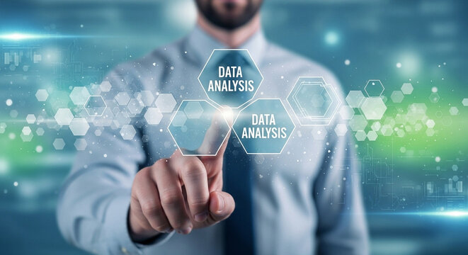 Man pointing at data analysis hexagons on a digital interface with a blurred background effect scene