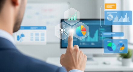 Man interacting with data visualizations on a screen with a finger touch interface display system