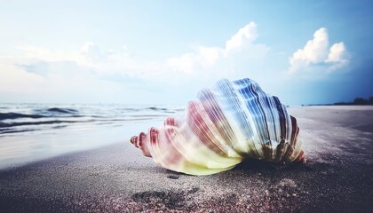 Seashell on a sandy beach at sunset