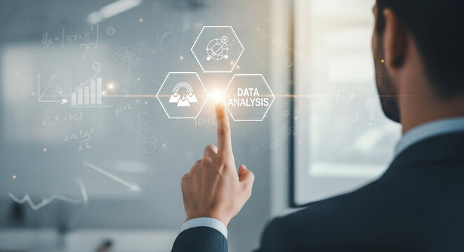 Man interacting with data analysis interface with graphs and charts in a modern office space