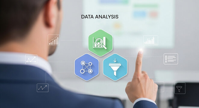 Man interacting with data analysis interface on a screen with graphical icons and visual elements