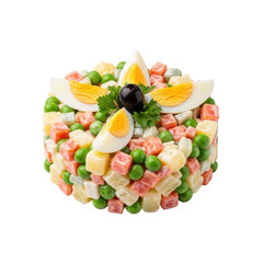 Perfectly plated Argentinian Ensalada Rusa with diced potatoes, carrots, peas, egg, and mayonnaise, on a transparent background, no shadows. Concept for culinary advertising