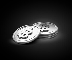 3d Stack Of Silver Thailand Baht Coins Shiny Rounded Coins Stack On dark Background 3d Illustration