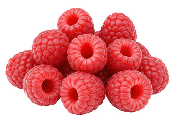 A closeup shot of a pile of fresh ripe red raspberries with visible textures and seeds isolated on white isolated on transparent background