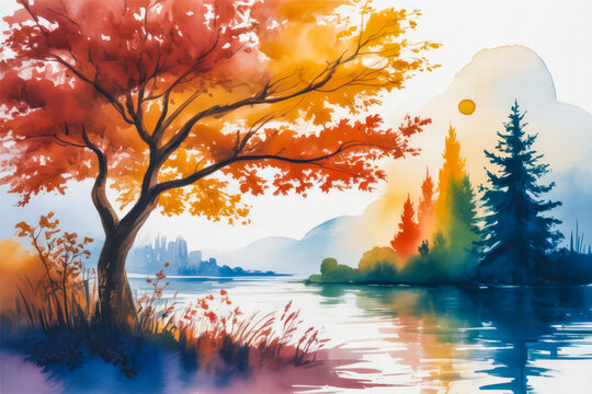 Autumn tree by water with colorful forest leaves orange