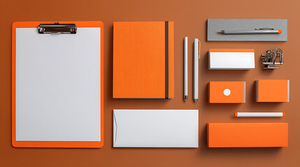"Modern Orange and White Stationery Set – Office Branding Identity Mockup Flatlay for Corporate Design Presentation"