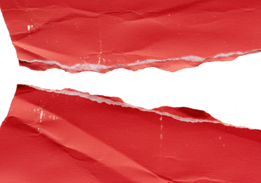 Two torn pieces of red paper with rough textured edges are isolated against a clean transparent background