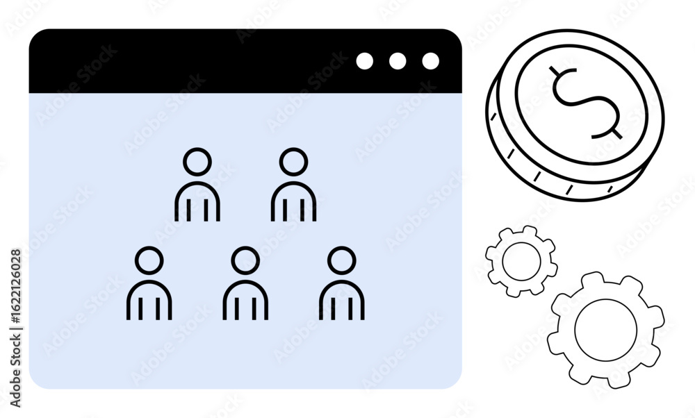 Poster user interface window showcasing team hierarchy with coin and gear symbols representing money and co