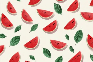 Watermelon slices and leaves pattern on beige background