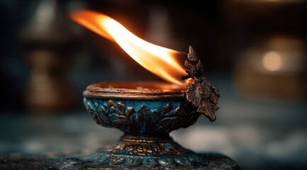 A small, ornate oil lamp burns brightly, its flame dancing in the dark