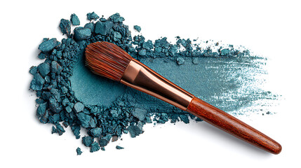 "Teal Eyeshadow Powder with Makeup Brush – Crushed Pigment Beauty Product Flat Lay Isolated on White Background"