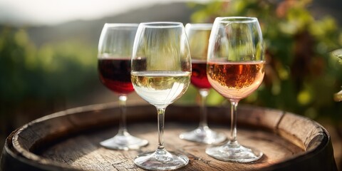 Four wine glasses on wooden barrel, outdoor setting