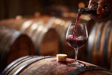 Red wine pouring into glass atop barrel (2)
