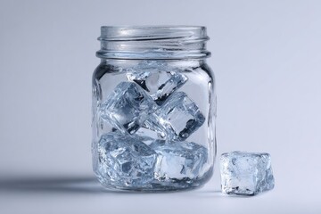Glass jar filled with ice cubes, one cube sits beside it on a light gray background
