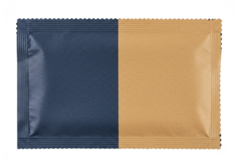 A modern minimalist singleserving packet is divided into two contrasting colors dark blue and light brown isolated on a transparent background
