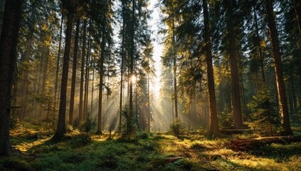 Fototapeta premium Sunlight streams through a dense forest