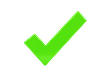 A bright green glossy check mark symbol is displayed on a clean transparent background representing success and confirmation